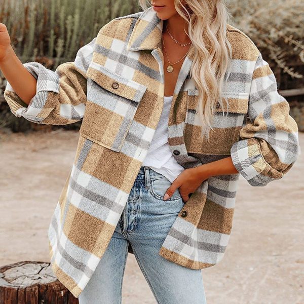Plaid Button Flannel Woolen Shirt — Khaki