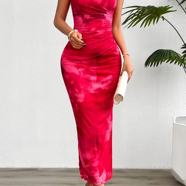 Elegant Slim Sleeveless Mesh Dress — Rose Red