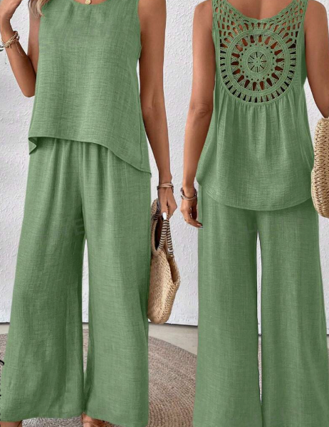 Solid Tank Top & Wide Leg Pants For Summer Vacation — Green