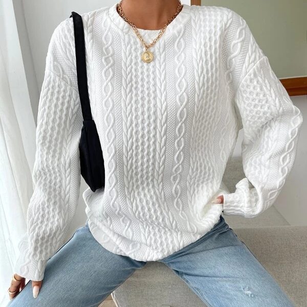 Women's Casual Jacquard Oversized Round Neck Hoodie — White