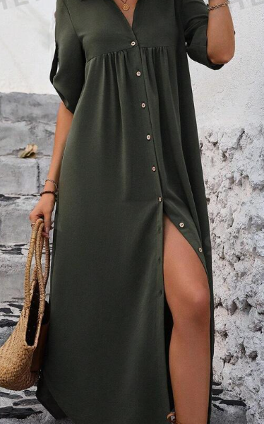 Women's Solid Color Roll-Up Sleeve Long Shirt Dress With Front Buttons, Holiday Leisure Style — Green