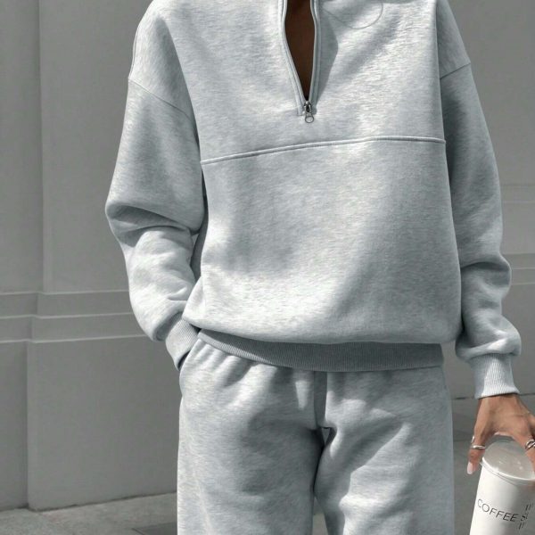Long-sleeved Sports Sweatshirt Suit Fashion Stand-up Collar Zip-up Top And Elastic Band Trousers With Pocket Srping Fall Clothing For Women — Light Gray