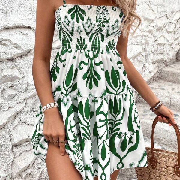 Women's Fashion Plant Print Gathered Cami Dress — Green