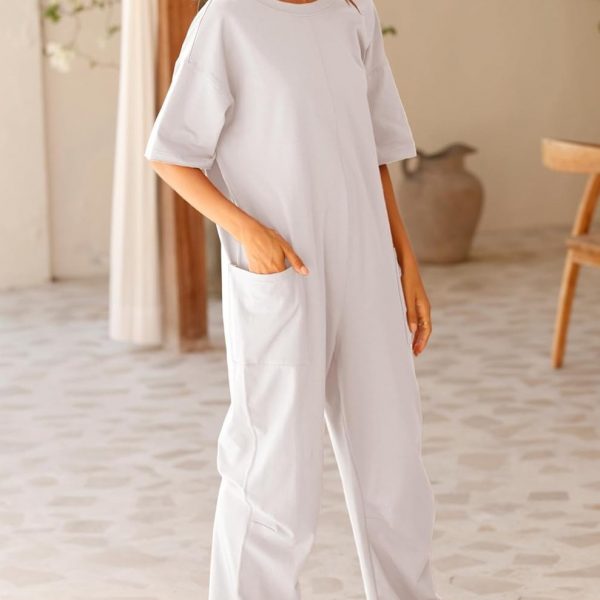 Women's Stretch V-neck Jumpsuit With Pockets — White