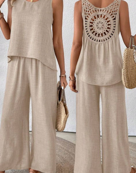 Solid Tank Top & Wide Leg Pants For Summer Vacation — Khaki