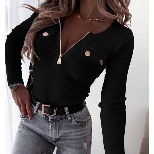 Knitted Slim-fit Long-sleeved Pullover Zipper Top — Black