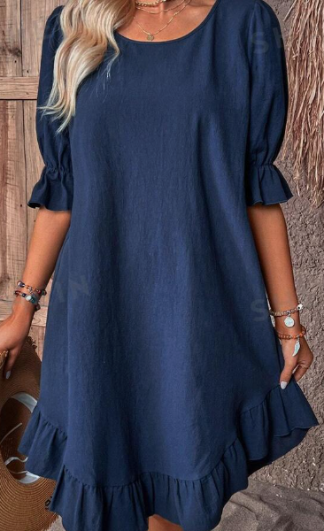 Solid Ruffle Hem Flounce Sleeve Dress — Blue