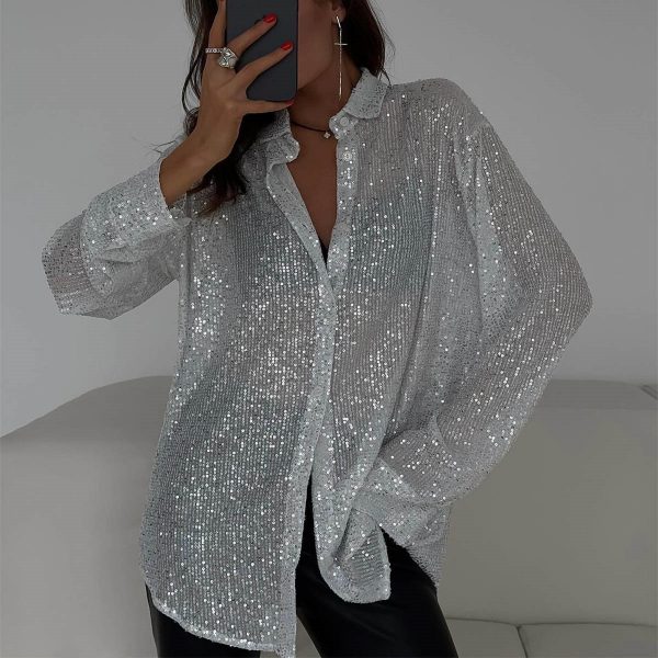 Sequin Lapel Long Sleeve Shirt — White Silver