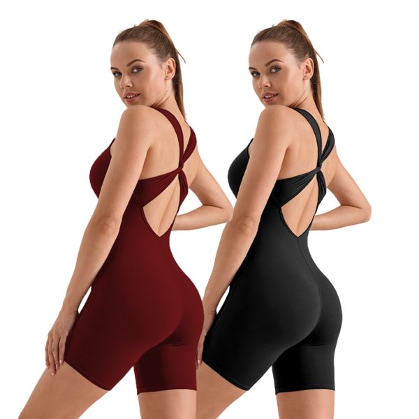 V-neck Skinny Jumpsuit With Crossover Beautiful Back Running With Chest Pad — Multicolored-2pcs