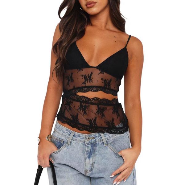 Lace Stitched Backless Small Sling Women V Neck Tank Top Underwear Vest Candy Color Bralette Clothes — Black