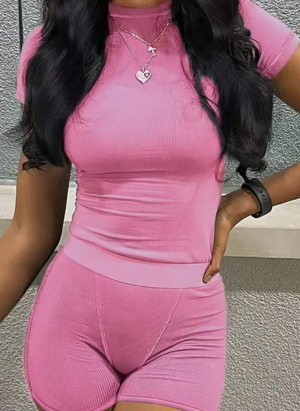 Women's Solid Color Short Sleeve Top And Shorts Set — Baby Pink