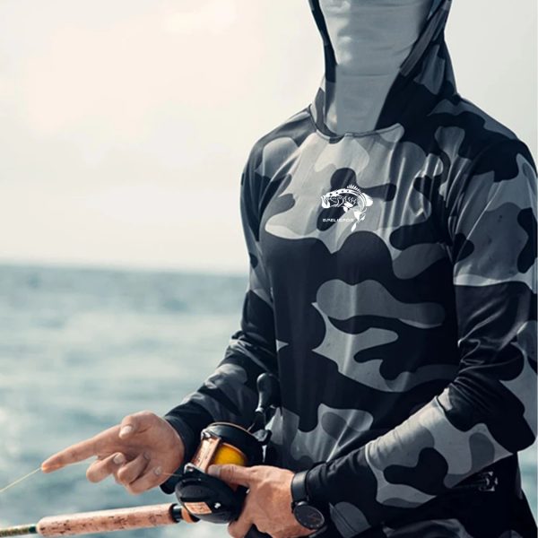 Fishing Hoodie Face Mask Neck Cover Sailing Shirt Summer Men Long Sleeve Sun Protection Hunting Jersey Camisa De Pesca Performance Fish Gear Beach Tops Wear Climbing Uniform — XXXL
