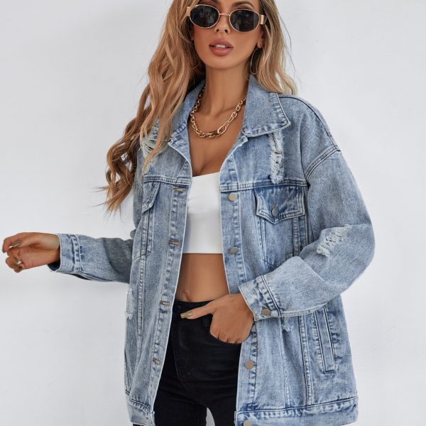Button Blue Front Flap Pocket Drop Shoulder Denim Jacket — Light Blue