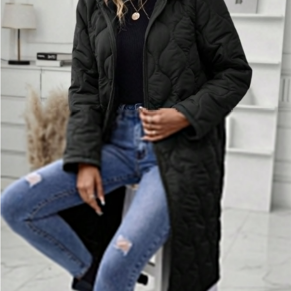 Ladies' Solid-Colored Zipper Fly Hooded Padded Coat — Black