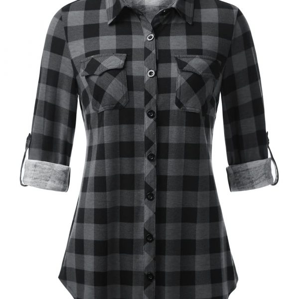 Plaid Pouch Button Cuff Comfort And Casual Printed Women's Shirt — Black