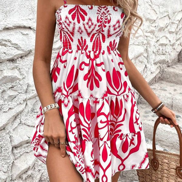 Women's Fashion Plant Print Gathered Cami Dress — Red