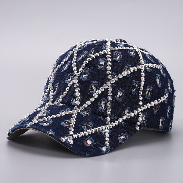 Ripped Diamond Denim Baseball Cap Leopard Rhinestone Fashion Peaked Cap — Dark Blue