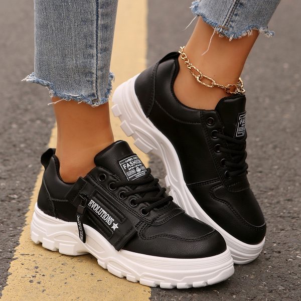 Lace-up Sports Shoes With Side-Zipper Design Fashion Thick-soled Round-toe Casual Shoes For Women Sneakers — Black