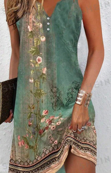 Women's Summer Holiday Floral Print Sleeveless V-Neck Loose Dress With Slit — Green