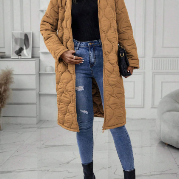 Ladies' Solid-Colored Zipper Fly Hooded Padded Coat — Khaki