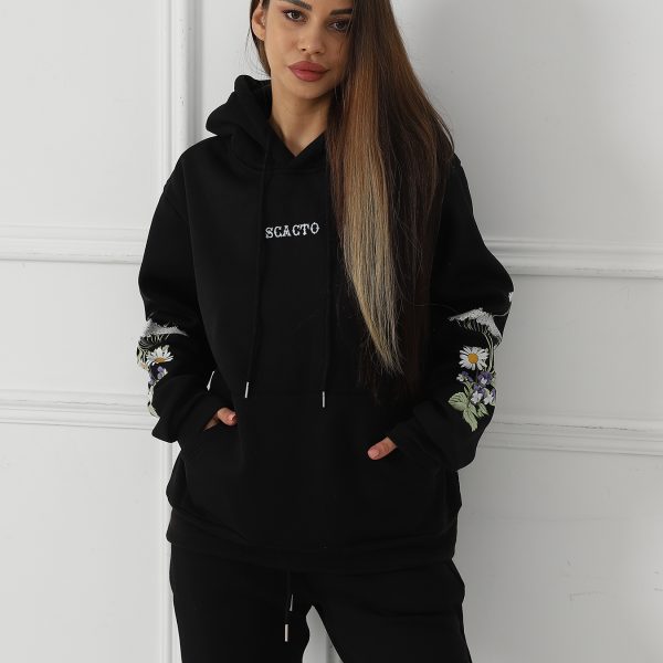 Women's Solid Color Floral Long Sleeved Sweatshirt — Black