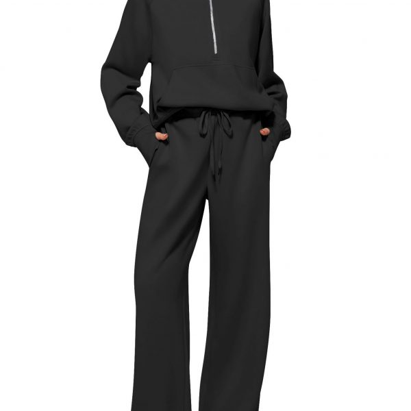 Solid Color Long-sleeved Sweater Trousers Suit Women's Suit — Black