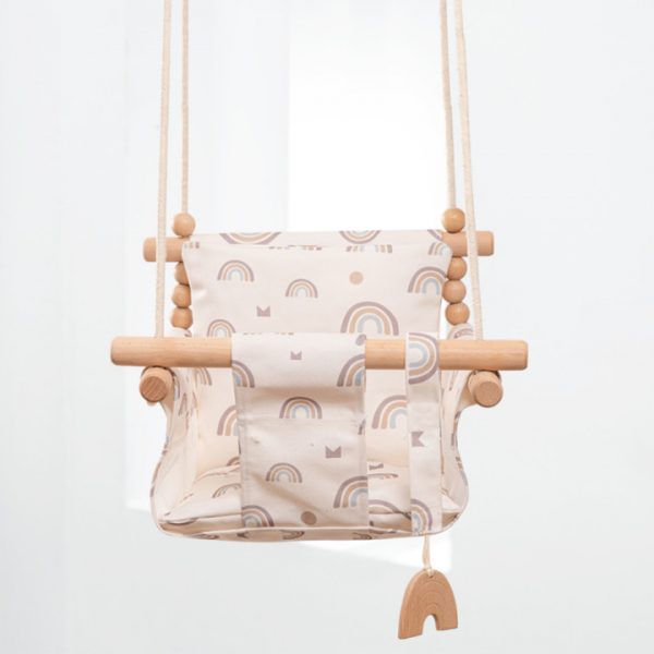 Cotton Canvas Baby Swing Chair Hanging Swing Indoor Outdoor Safety Baby Children's Toy Wooden Seat With Cushion Baby Room Decor — Rainbow