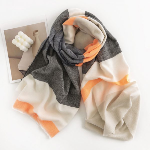 Herringbone Pattern Monochrome Artificial Cashmere Scarf Women's Simple Casual Style Tassel Warm Shawl — FH2350831 Color Stripes Yellow