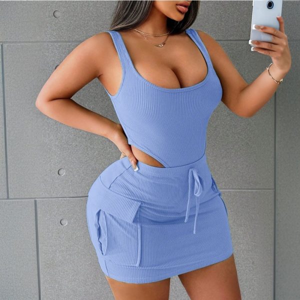 Women's Suits Summer Square Neck Suspender Jumpsuit And Slim Skirt — Blue