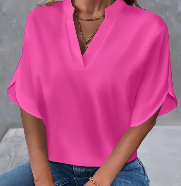 Lightweight Solid Color Notch Neck Blouse - Stylish Short Split Sleeves For Spring & Summer - Trendy Womens Casual Top — RoseRed
