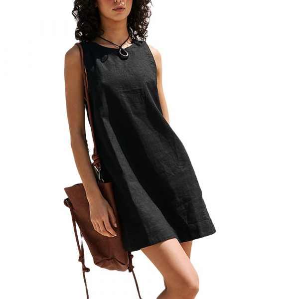 Women's Cotton Linen Vest Backless Solid Color Mini Dress — Black