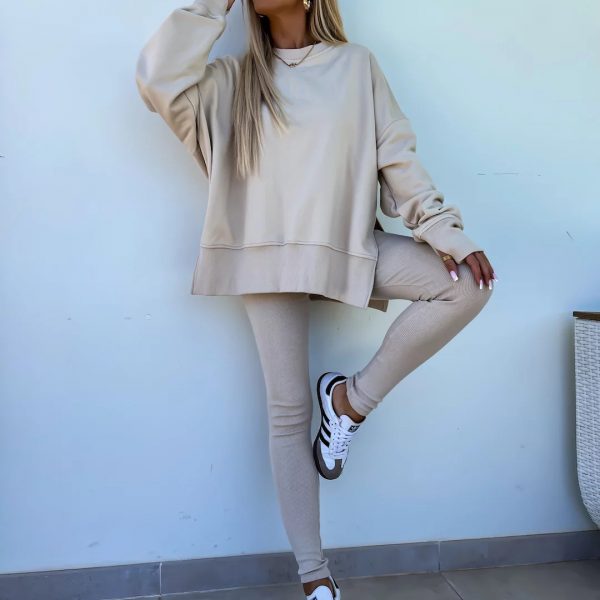 Sweater Suit Women's Casual Loose Long Sleeve Crew Neck Split Top Tight Trousers — Apricot