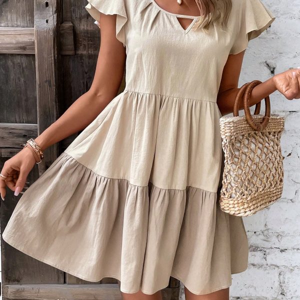 Colorblock Keyhole Neckline Ruffle Hem Smock Dress — Apricot