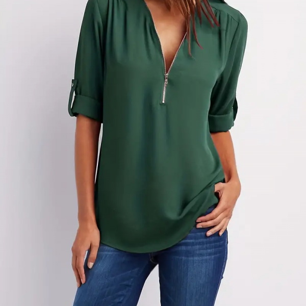 Ruched Half Zip Solid V Neck Casual Blouse, Rollable Sleeve Women's Clothing — Green