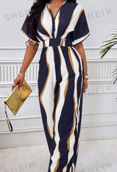 Print V-Neck Batwing Sleeve Jumpsuit — Blue and White