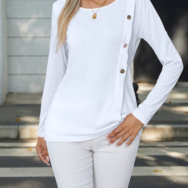 Women's Buttoned Crew Neck Top — White