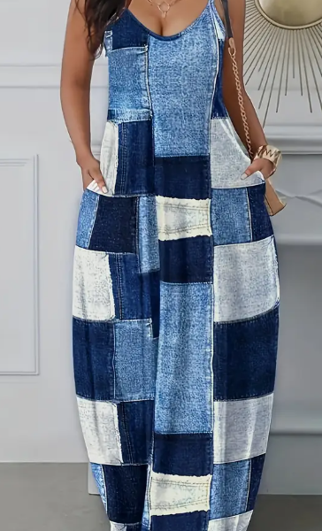 Patchwork Print Cami Dress — Blue