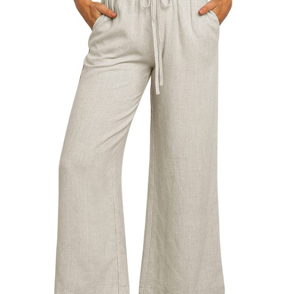 Elastic Waistband Lace-up Wide Leg Pants Solid Color Cropped Pants — Silver Gray