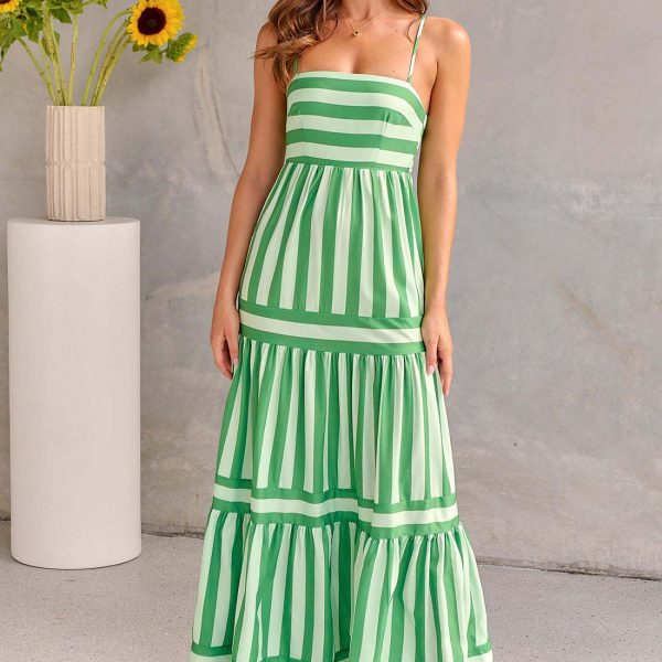 Summer Striped Printed Suspender Long Dress With Pockets Fashion Square Neck Backless Dresses For Beach Vacation Women Clothing — Green