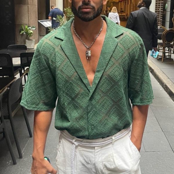 Fashion Mens Clothing Men's Hollow-out Breathable Short-sleeved Lapel Casual Shirt — Green