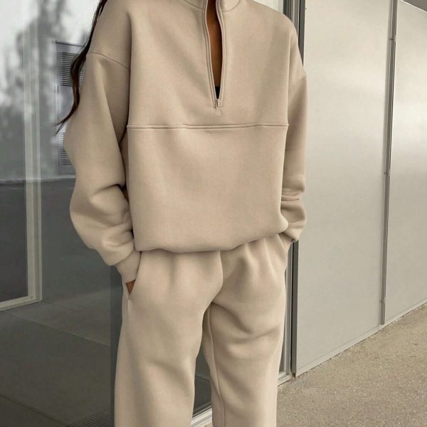 Long-sleeved Sports Sweatshirt Suit Fashion Stand-up Collar Zip-up Top And Elastic Band Trousers With Pocket Srping Fall Clothing For Women — Khaki