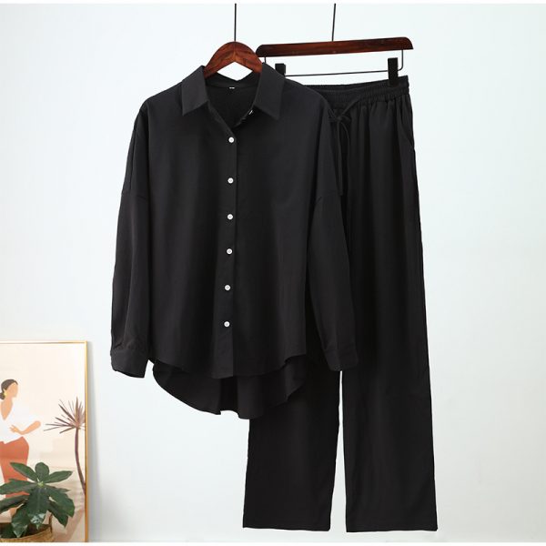 European And American Ins Style Solid Color Leisure Fashion Long Sleeve Blouse And Pants — Black