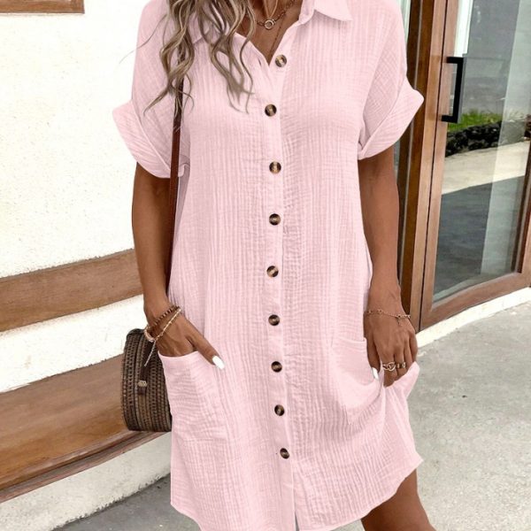 Summer Short Sleeve Shirt Dress Fashion Solid Color Single-breasted Mid-length Loose Dress — Pink