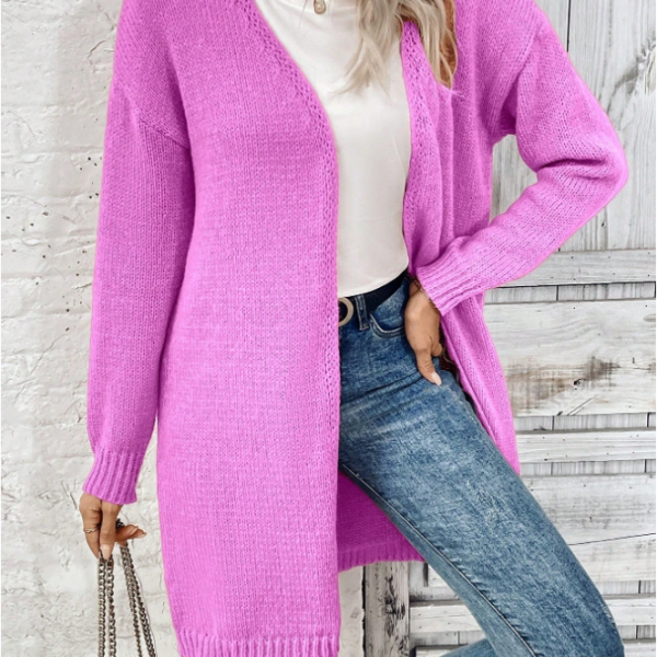 Women Solid Color Long Sleeve Casual Open Front Knit Cardigan — Pink