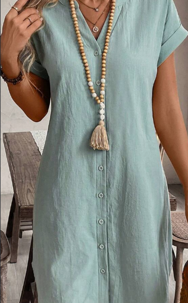 Solid Notched Button Front Batwing Sleeve Shirt Dress — Green