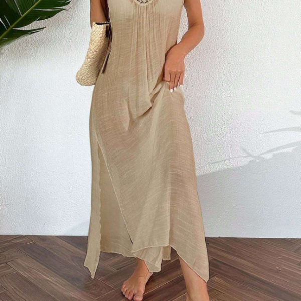Swim Women Summer Holiday Hollow Out Dress With Halter Neck — Khaki