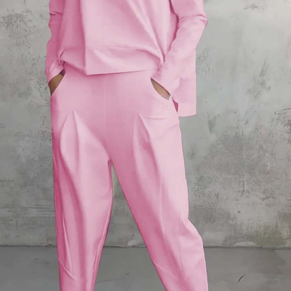 Women's Irregular Suit Long-sleeved Round Neck Top And Loose Harem Pants With Pockets Ins Fashion Trousers Set Women's Clothing — Pink