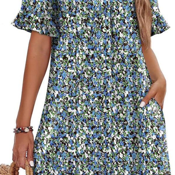 Women's V-neck Vacation Elegant Ruffled Dress With Pockets — Blue Flower