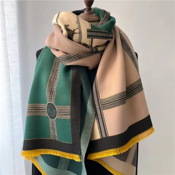 Korean Style Contrast Color Artificial Cashmere Scarf Women's New Winter — Beige Green