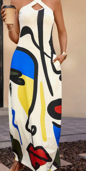 Women Summer Casual Vacation V-Neck Straight Dress, With Side Pockets, Stripes And Face Print Pattern — Multicolor